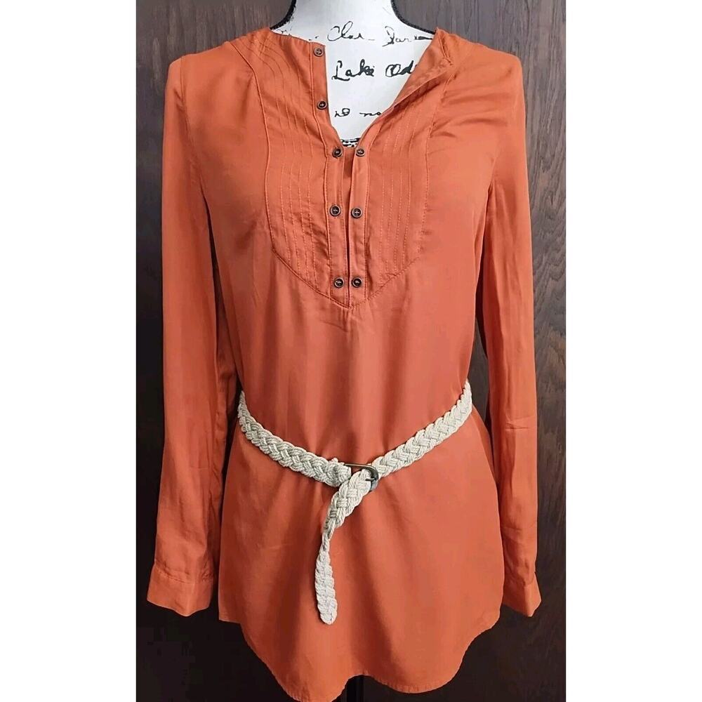Womens Small Rust Orange Top Shirt V-neck Roll Tab Sleeves Western Casual Belted